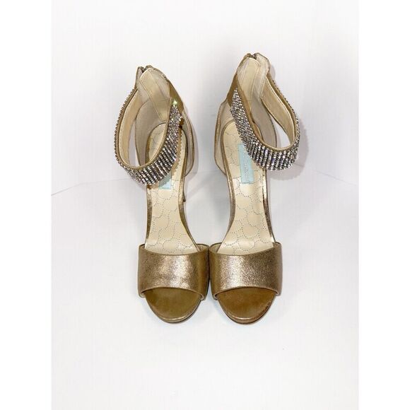 Betsey Johnson Formal Heels Rhinestone Ankle Strap Stiletto Gold Prom Wedding 9M - Picture 4 of 15